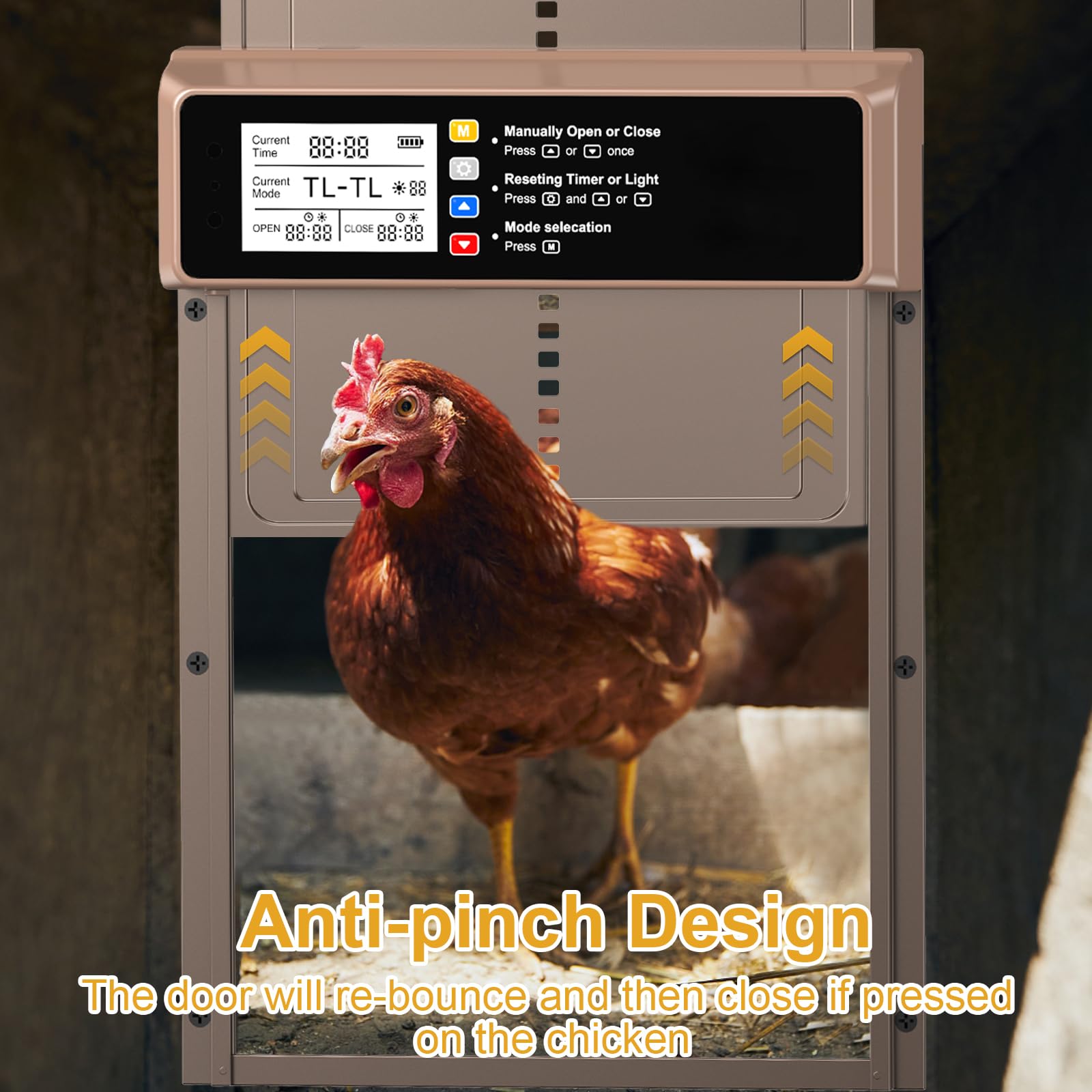 NyPots anti-pinch safety feature in action protects chickens during door movement.