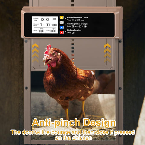 NyPots anti-pinch safety feature in action protects chickens during door movement.