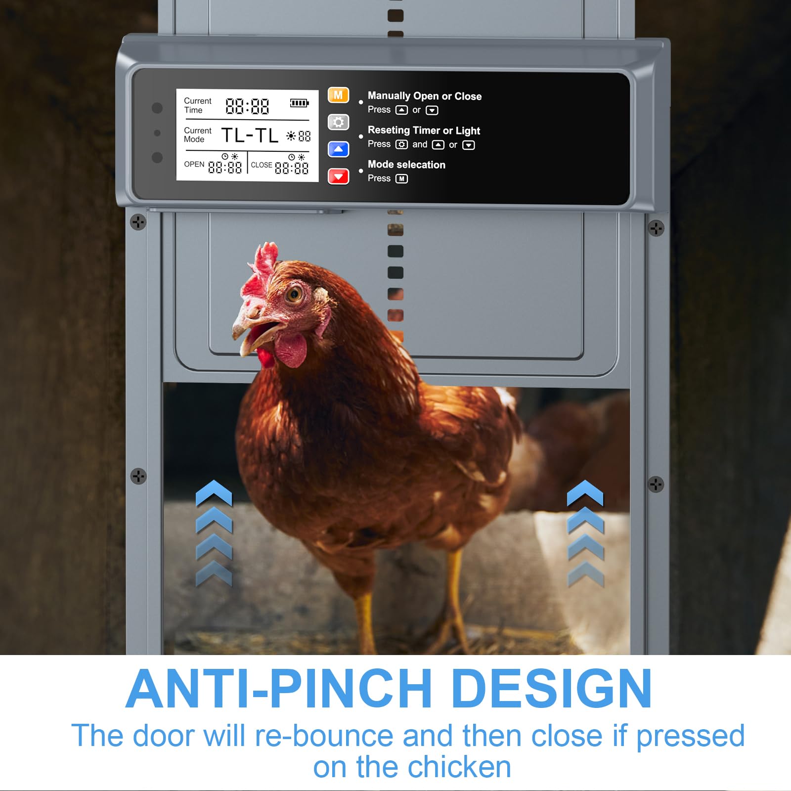 NyPots anti pinch safety feature guarding chickens during closure