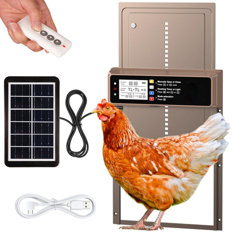 NyPots automatic coop door front view with durable aluminum for outdoor use.