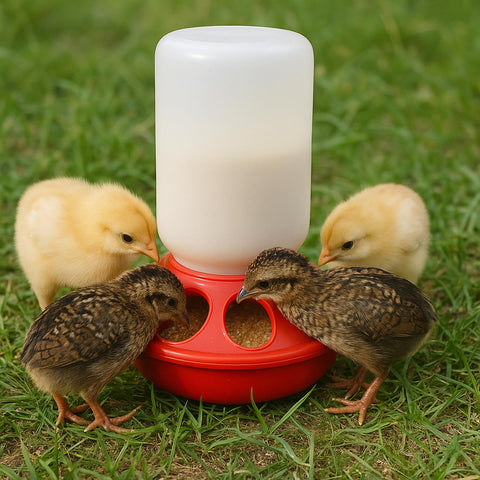 NZJWZS Baby Chick Feeder showing 8-port opening for even access.