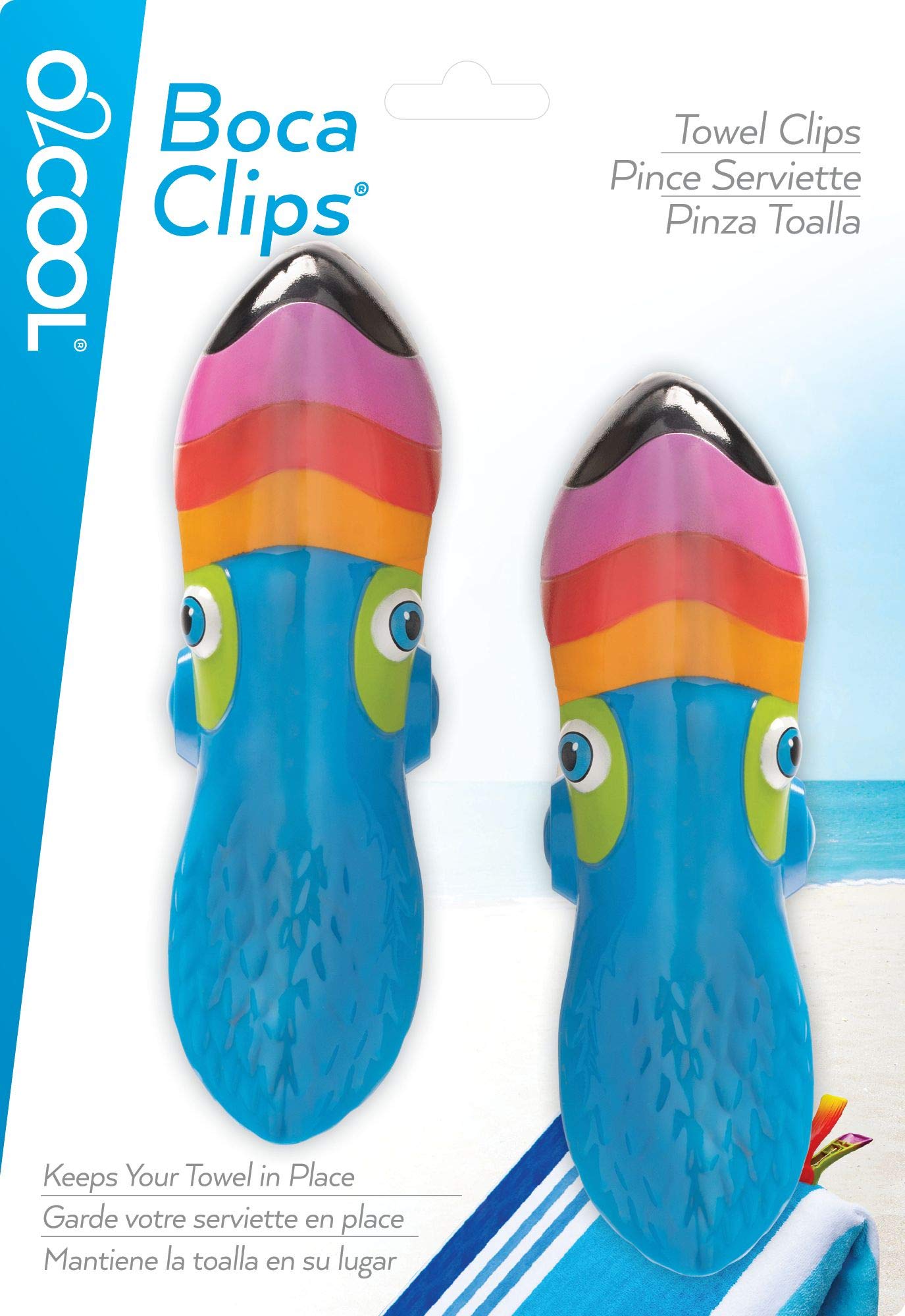 Durable BocaClip Tucan clip protects towels outdoors without fading.