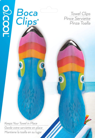 Durable BocaClip Tucan clip protects towels outdoors without fading.