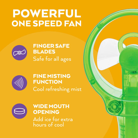 O2COOL Deluxe misting fan green with mist spray action at the beach