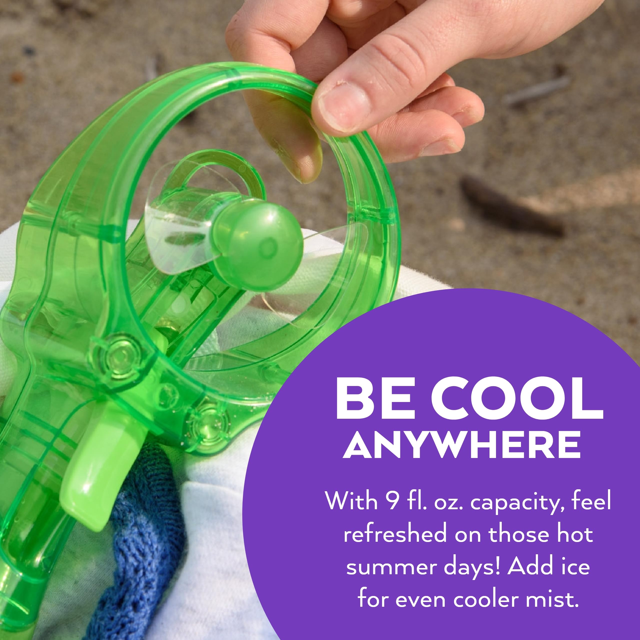O2COOL Deluxe misting fan green suitable for outdoor beach use