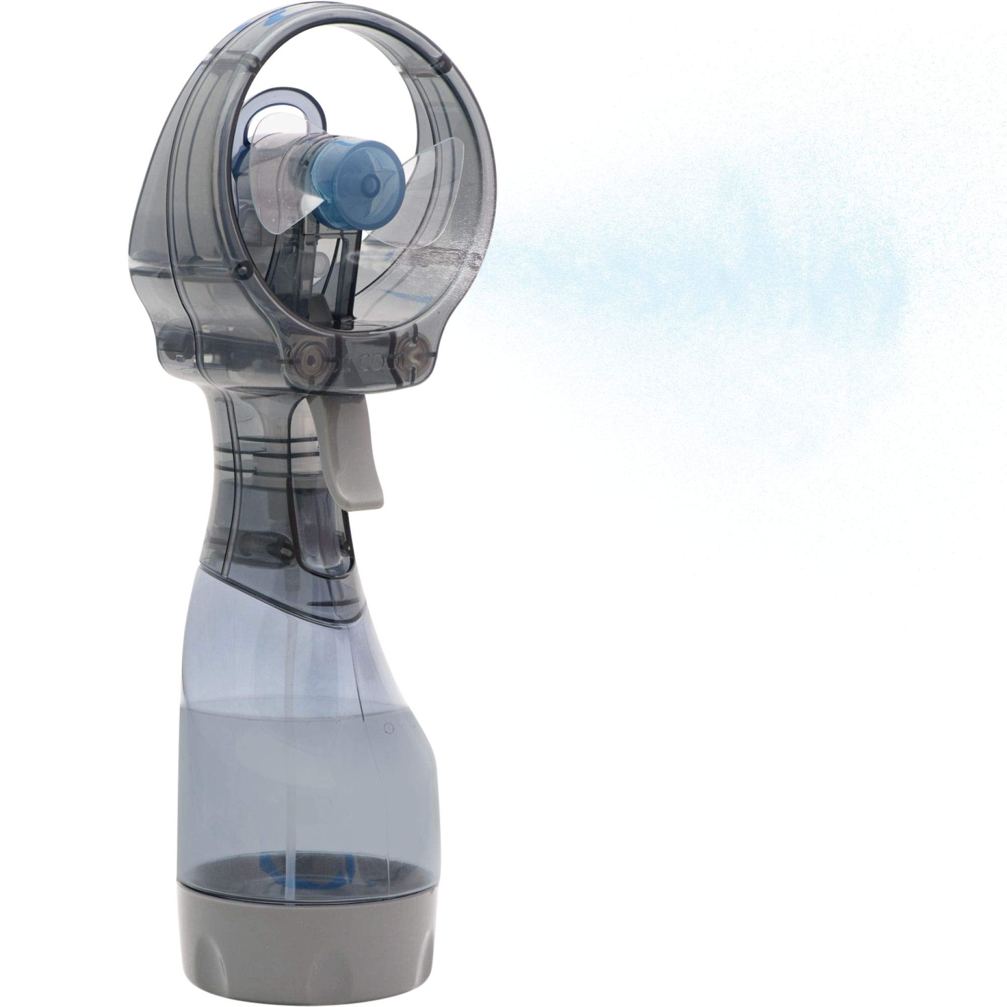 O2COOL misting fan grey front view, travel ready.