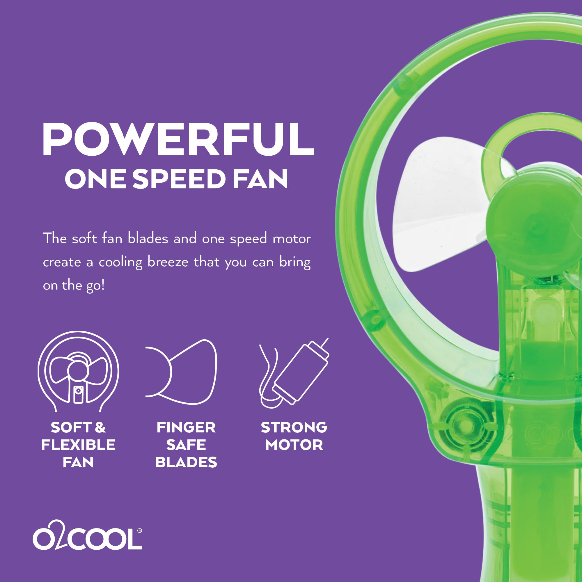 O2COOL Deluxe handheld misting fan green battery compartment detail for quick battery swap.