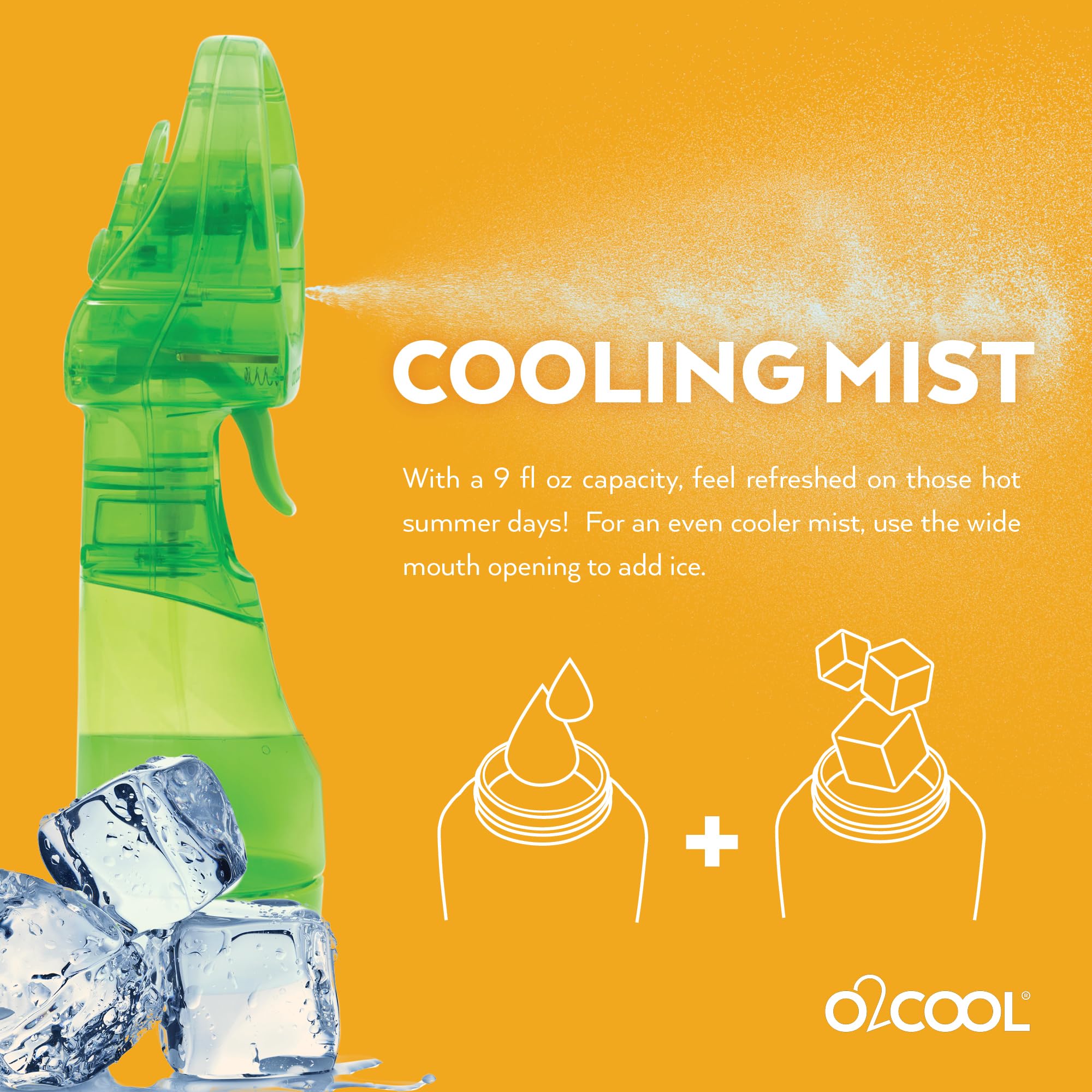 O2COOL Deluxe misting fan green closeup mist for refreshing personal breeze.