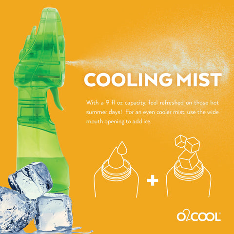 O2COOL Deluxe misting fan green closeup mist for refreshing personal breeze.