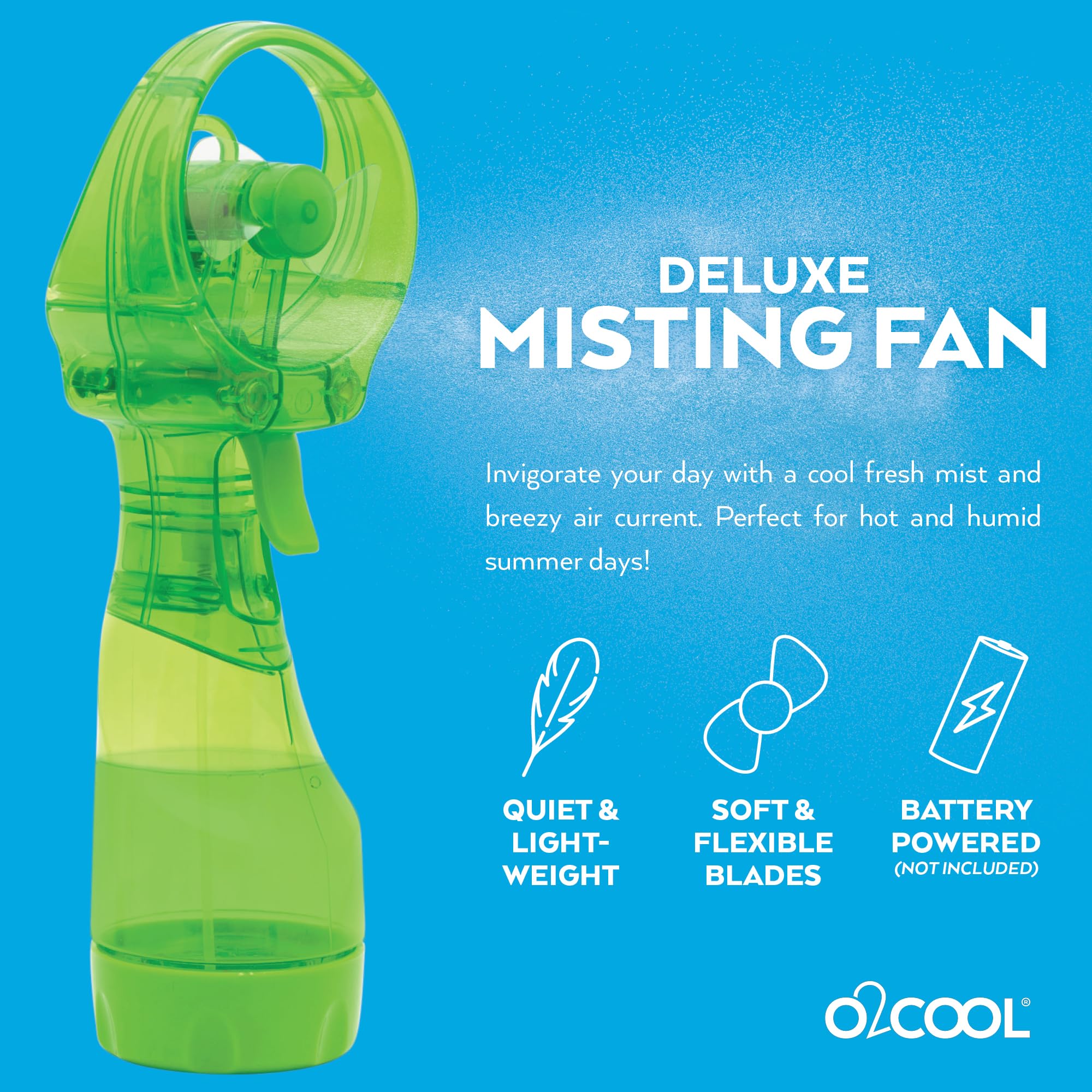 O2COOL Deluxe handheld misting fan green 2-pack in-use outdoor cooling on the go.