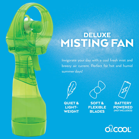 O2COOL Deluxe handheld misting fan green 2-pack in-use outdoor cooling on the go.