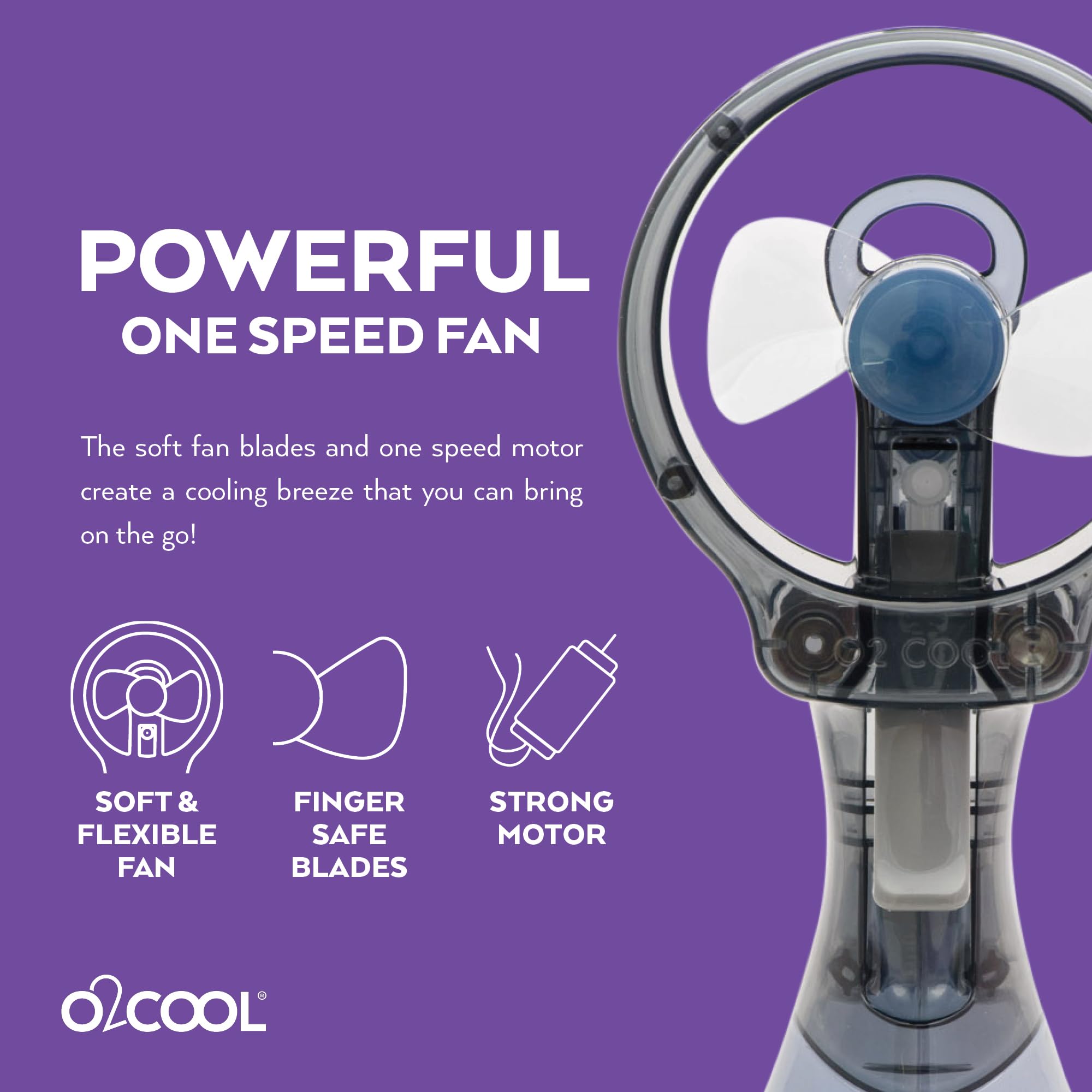 O2COOL Deluxe Misting Fan grey operates with two AA batteries for portable use.