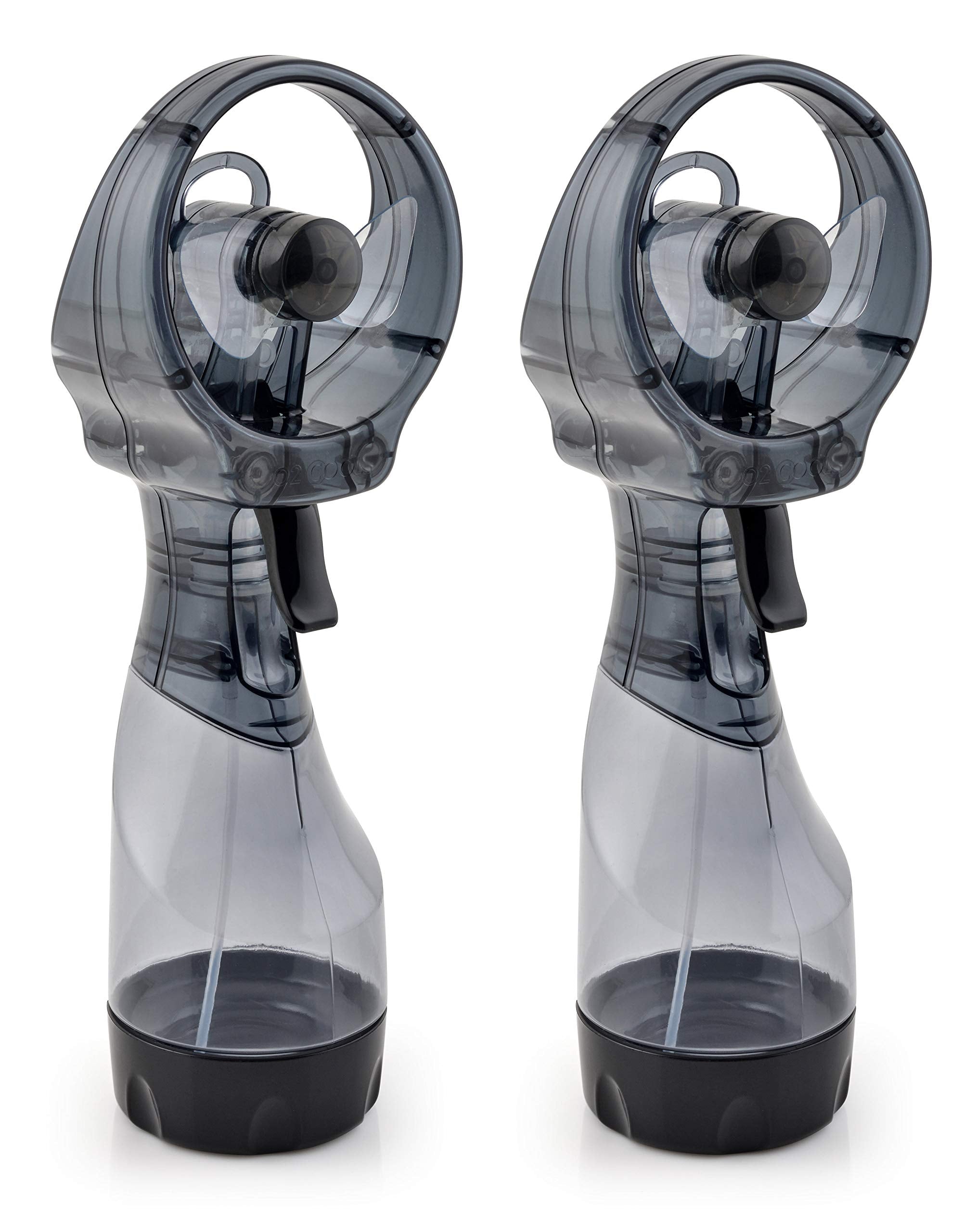 O2COOL Deluxe Misting Fan grey held in hand for on-the-go cooling.