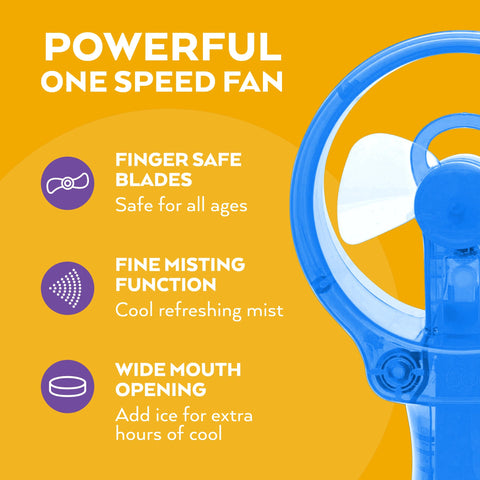 O2COOL Deluxe Misting Fan light blue battery pack shows long-lasting power for outdoor use