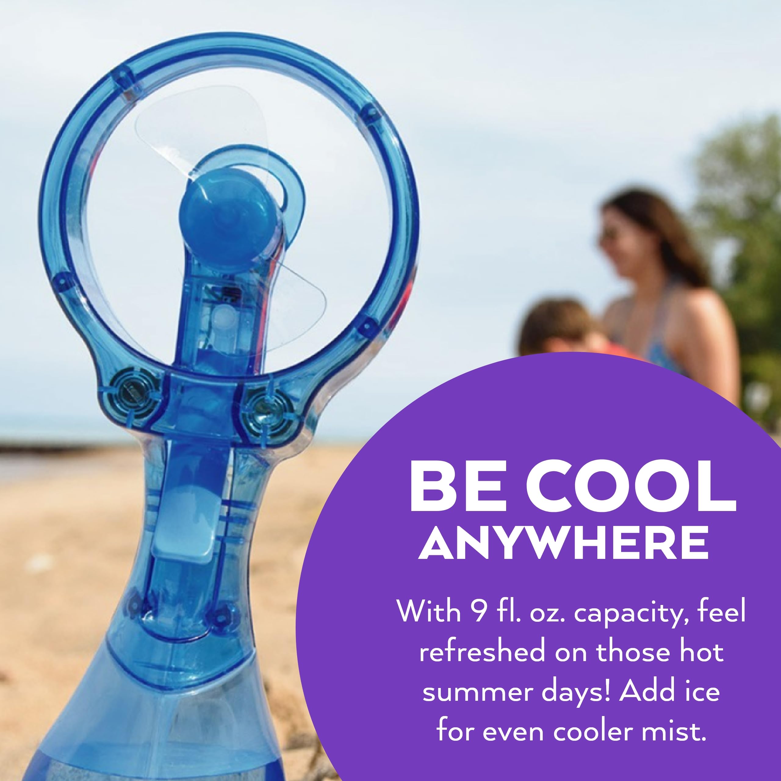 O2COOL Deluxe Misting Fan light blue in-use shot conveys real-life comfort