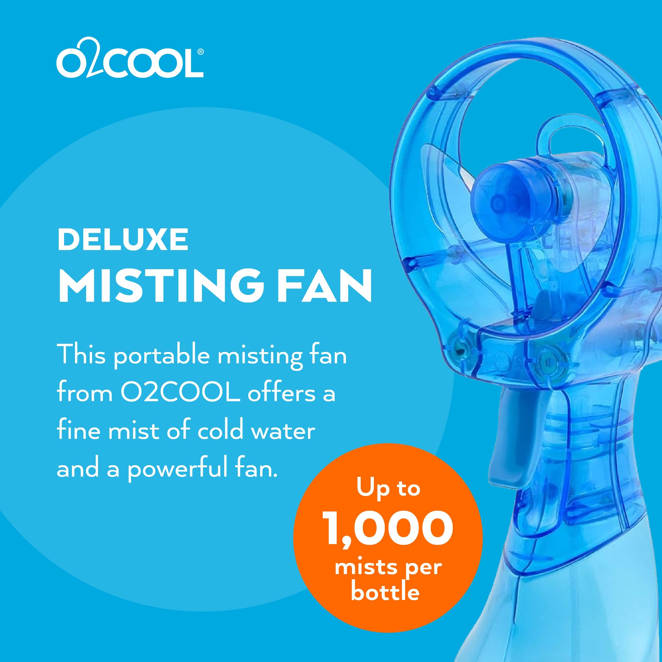 O2COOL Deluxe Misting Fan light blue side view highlighting slim travel-friendly design