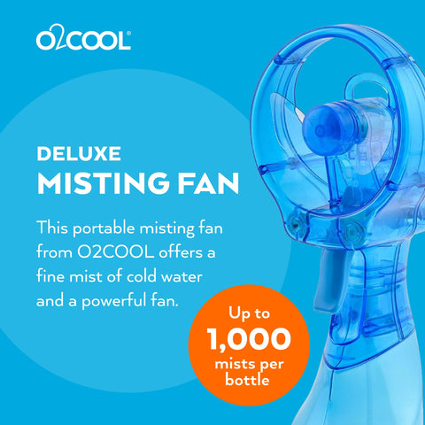 O2COOL Deluxe Misting Fan light blue side view highlighting slim travel-friendly design