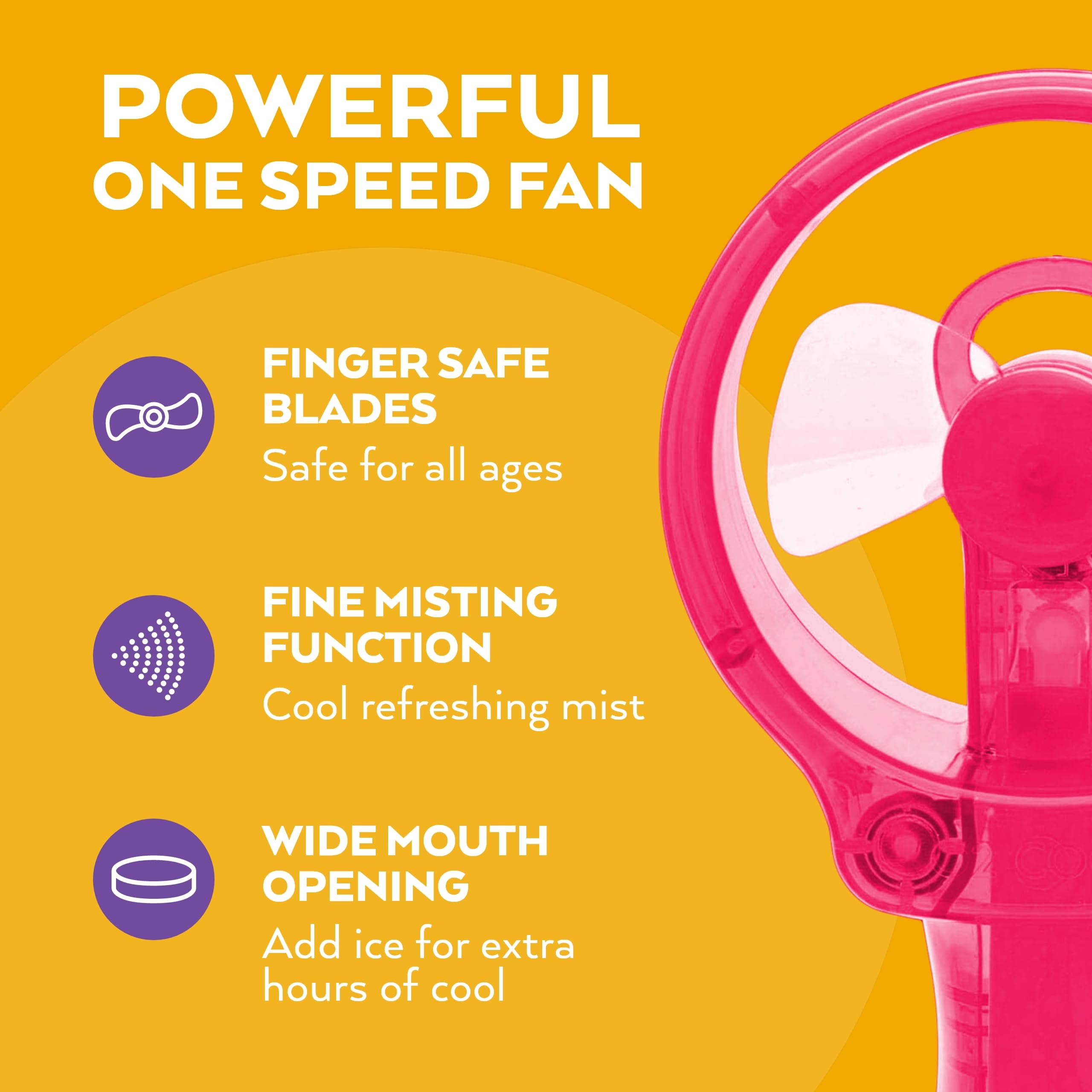 O2COOL Deluxe Misting Fan pink battery compartment detail for travel.
