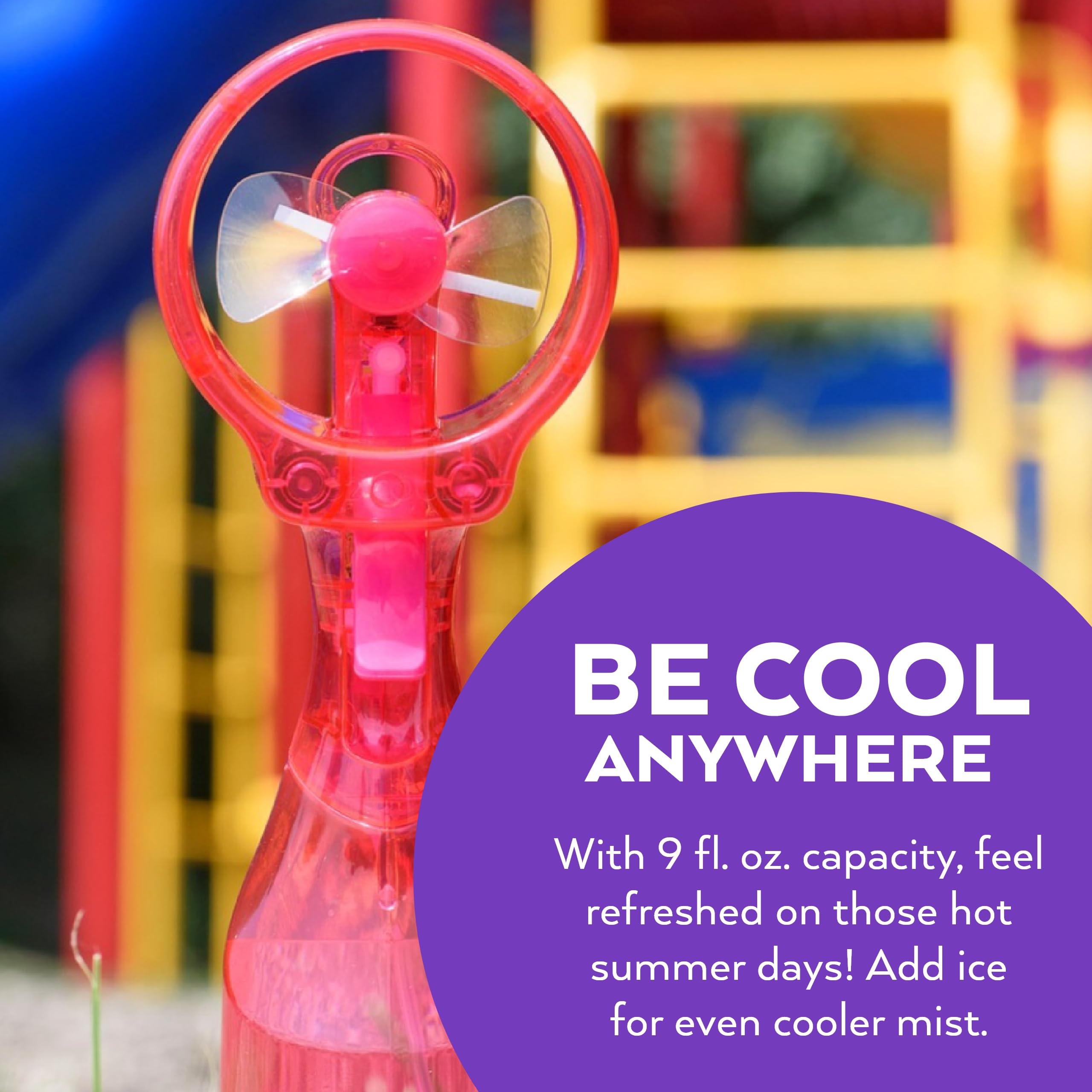 O2COOL Deluxe Misting Fan pink handheld design for on-the-go cooling.