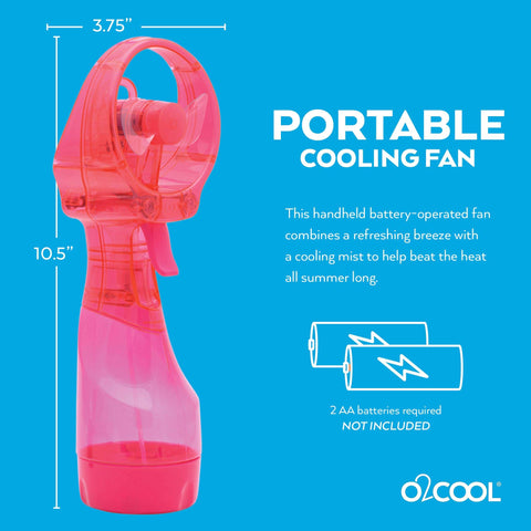 O2COOL Deluxe Misting Fan pink misting close-up, refreshing breeze.