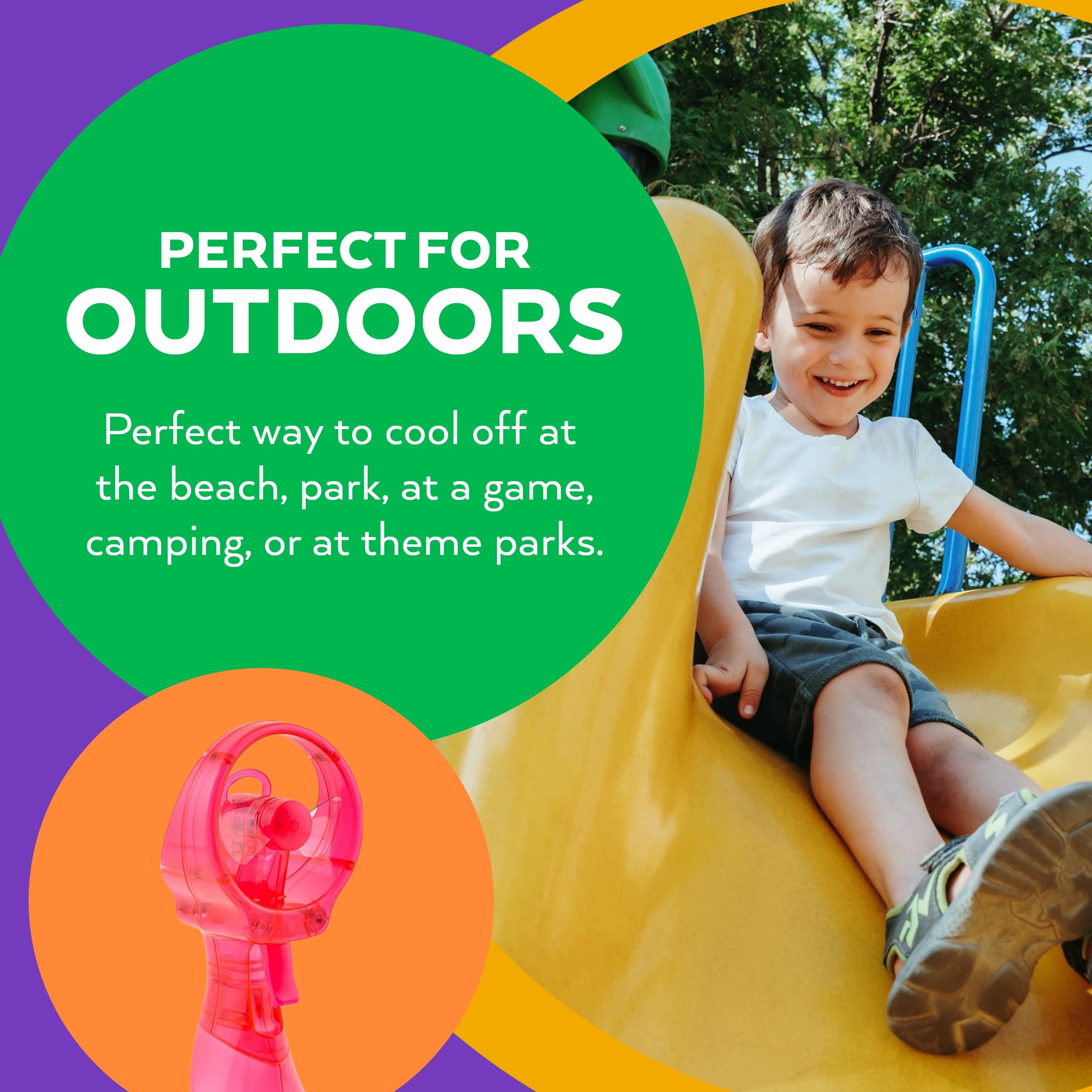 O2COOL Deluxe Misting Fan pink outdoor use at beach or park.
