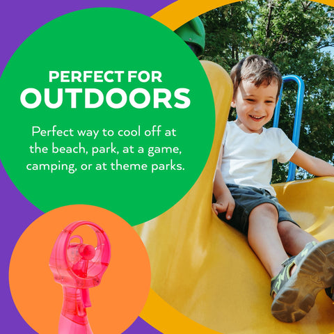 O2COOL Deluxe Misting Fan pink outdoor use at beach or park.