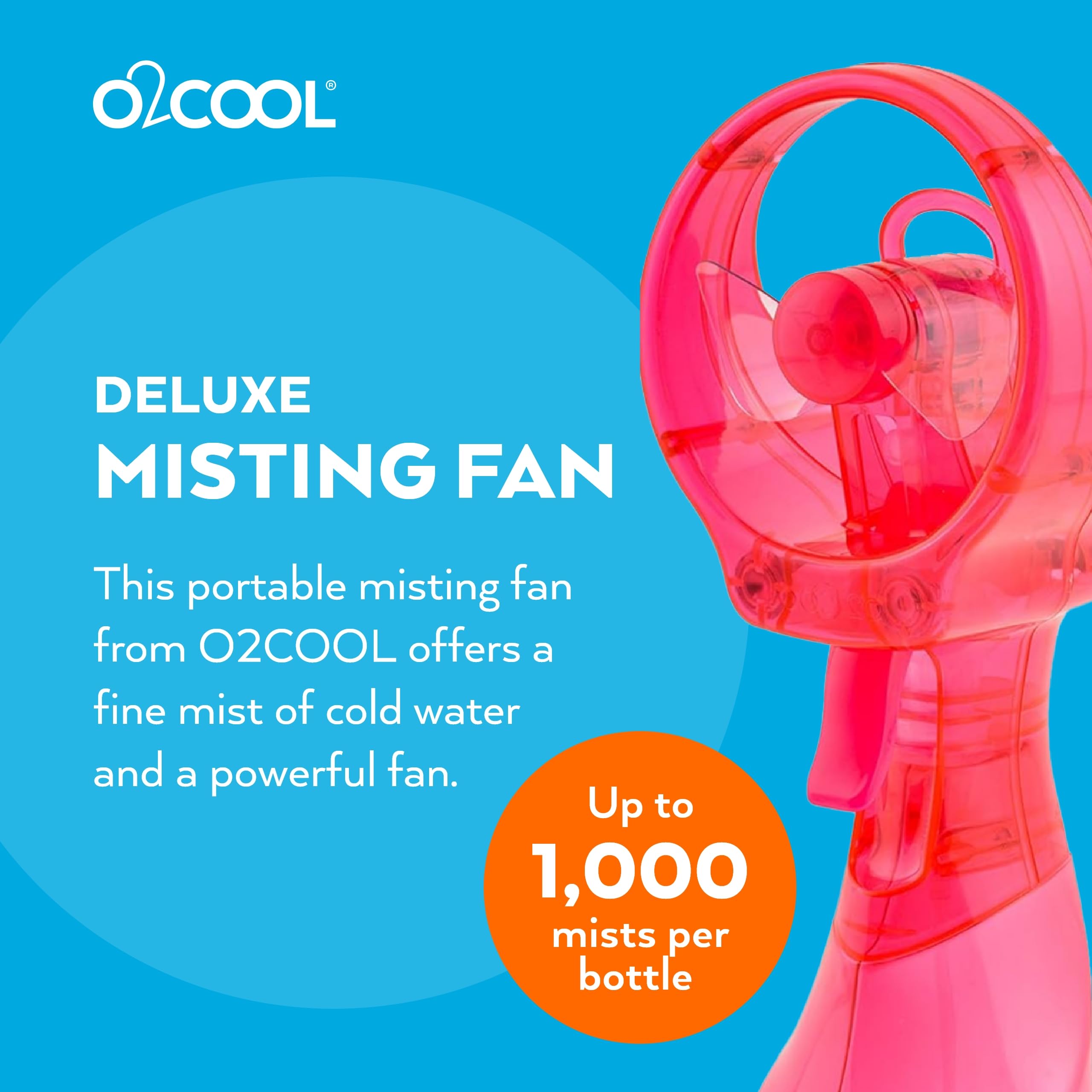 O2COOL Deluxe Misting Fan pink side view, lightweight travel companion.