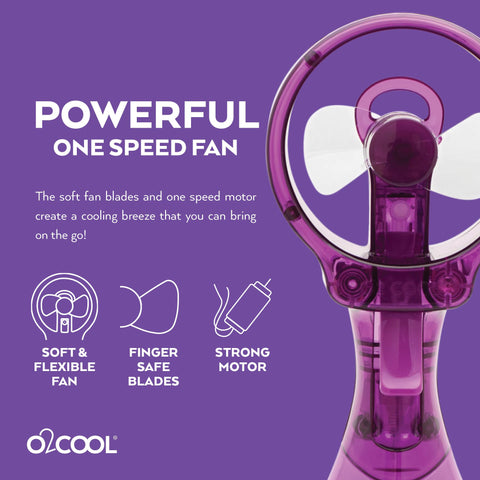 O2COOL Deluxe handheld fan in action delivering a cooling mist on skin.