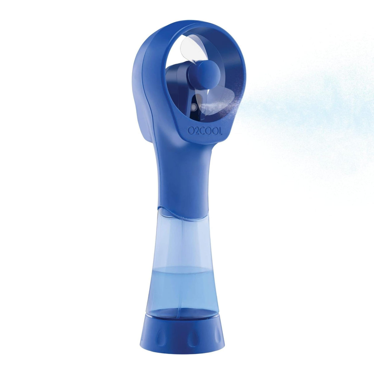 O2COOL Elite battery-powered misting fan blue, front view for cooling on the go.