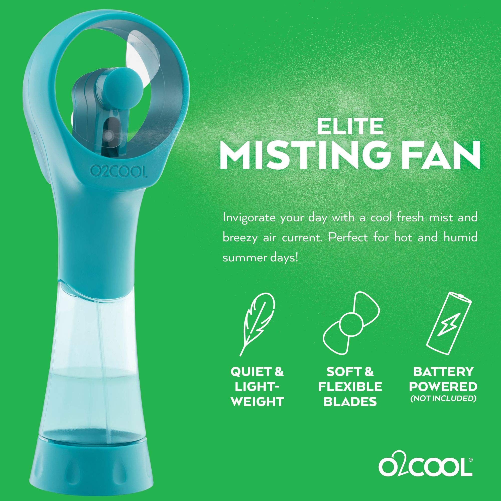 O2COOL Elite teal misting fan held outdoors during a sunny outing