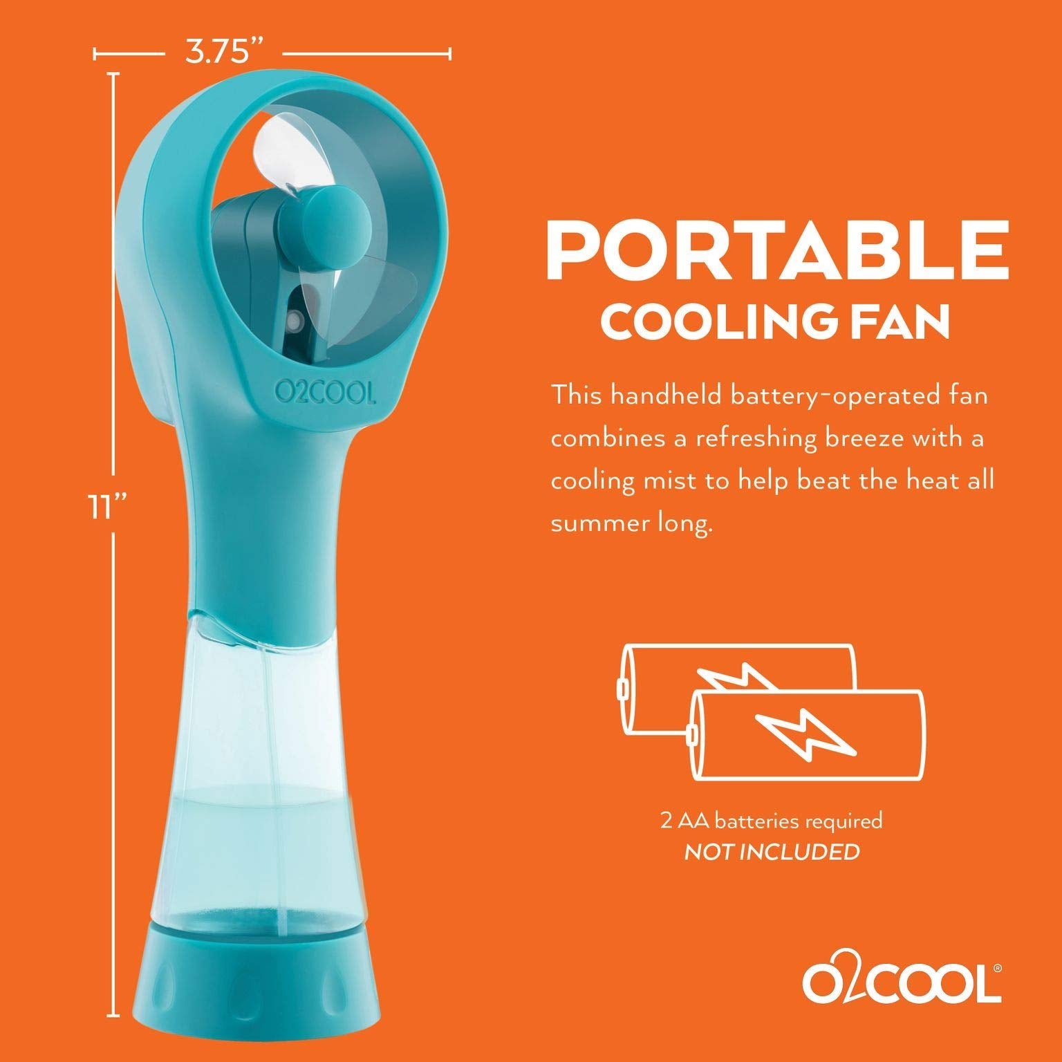 Battery-powered O2COOL Elite misting fan uses two AA batteries