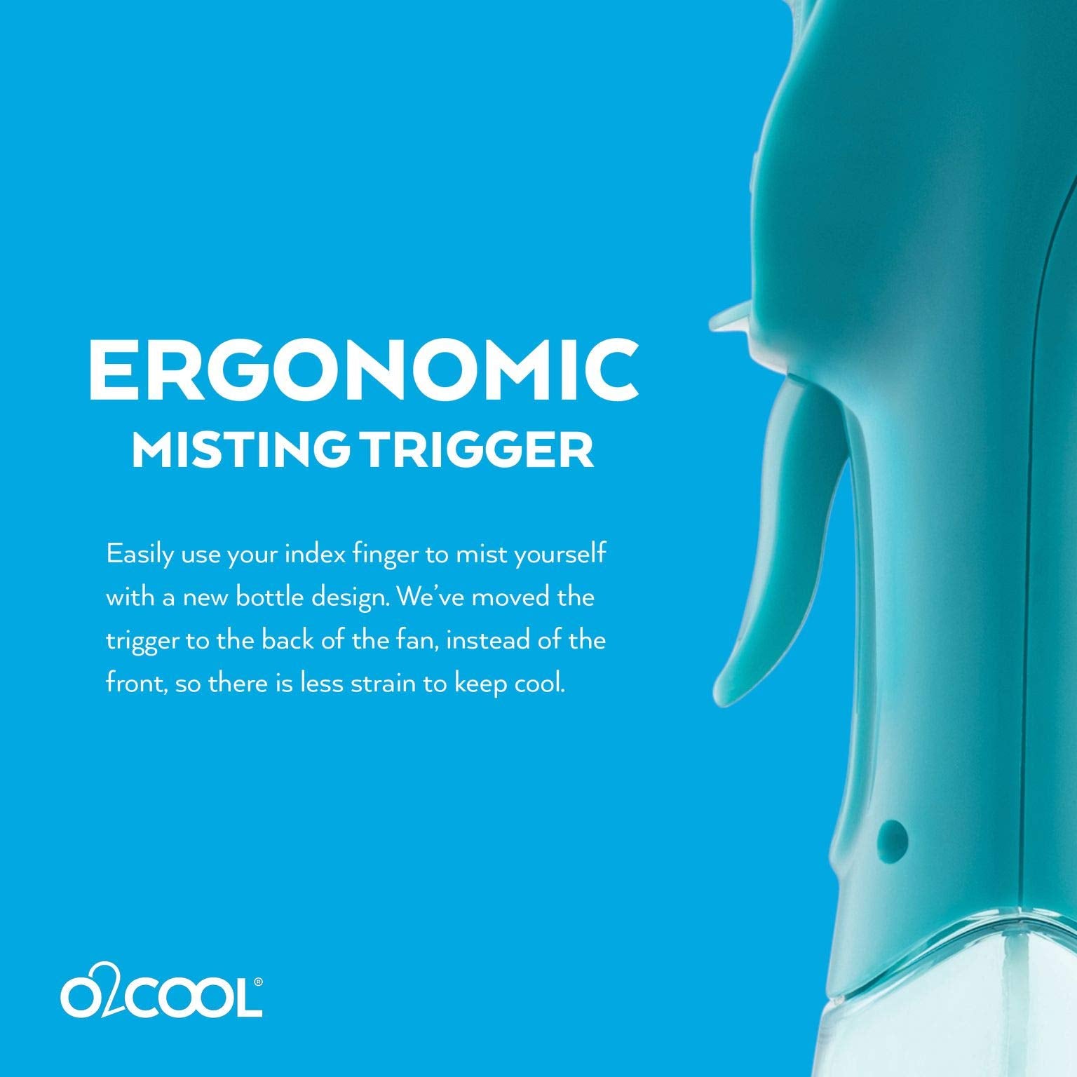 Lightweight teal O2COOL misting fan in outdoor setting