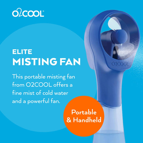 O2COOL Elite handheld misting fan blue, side view for outdoor refreshment.
