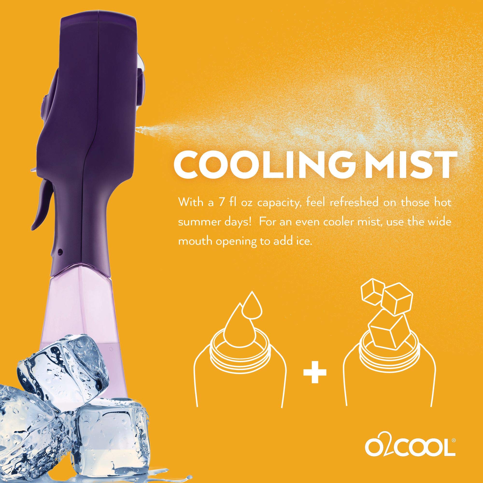 O2COOL Elite purple battery compartment view, requires 2 AA for portable use.