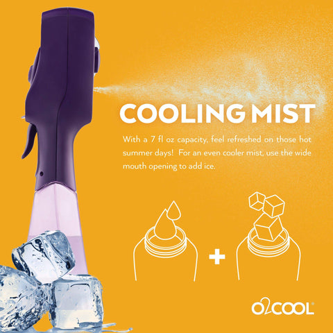 O2COOL Elite purple battery compartment view, requires 2 AA for portable use.