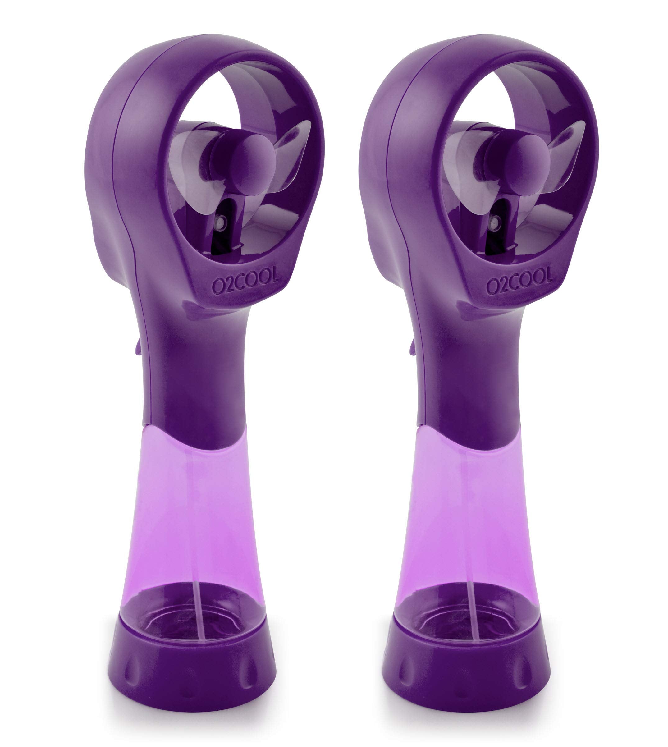 O2COOL Elite handheld misting fan purple, front view, refreshing breeze for outdoor heat.
