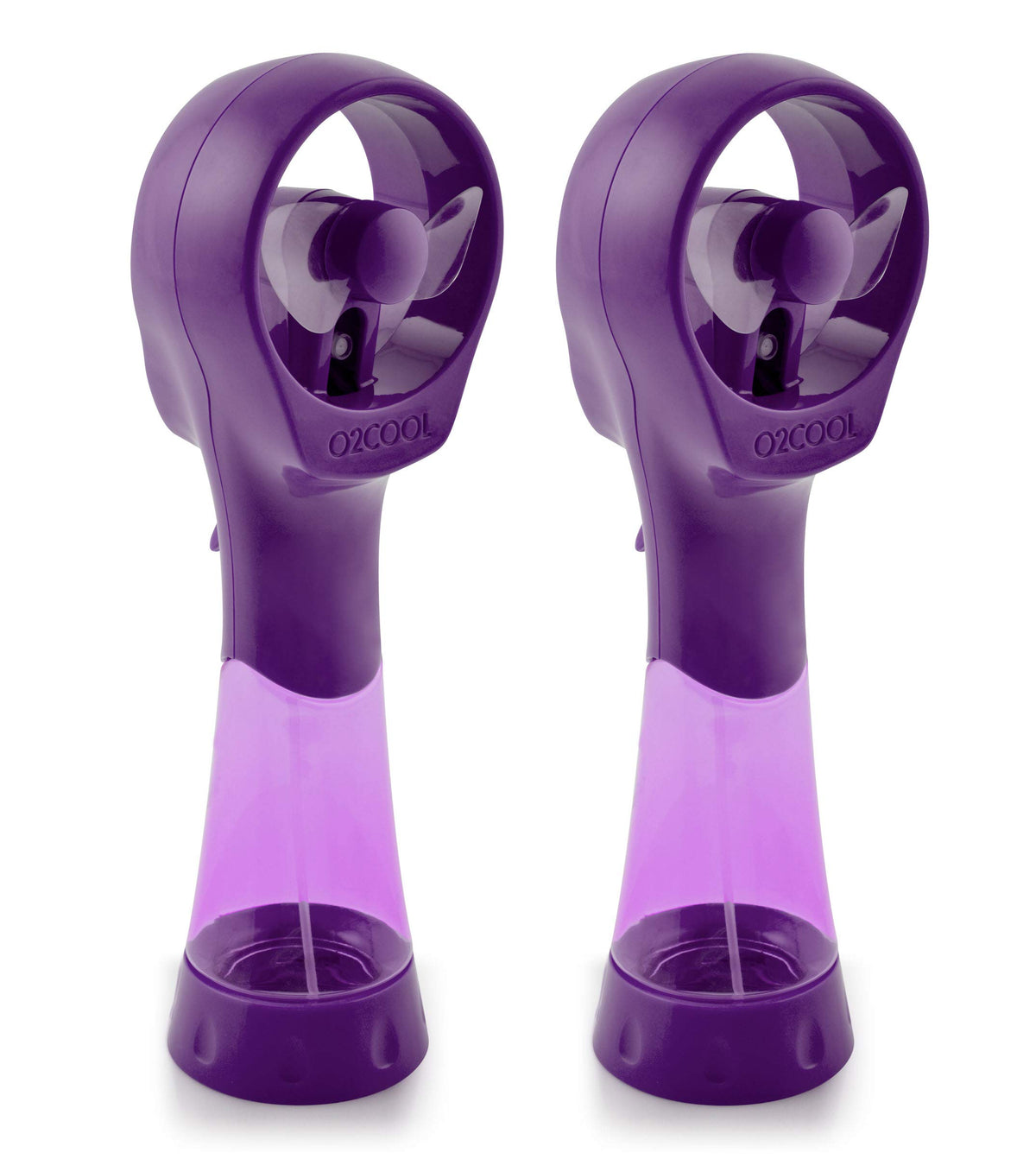 O2COOL Elite handheld misting fan purple, front view, refreshing breeze for outdoor heat.