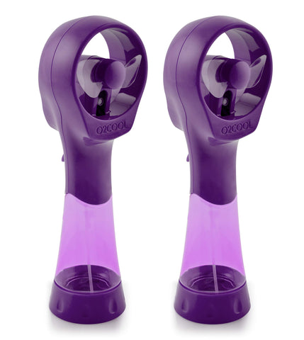 O2COOL Elite handheld misting fan purple, front view, refreshing breeze for outdoor heat.