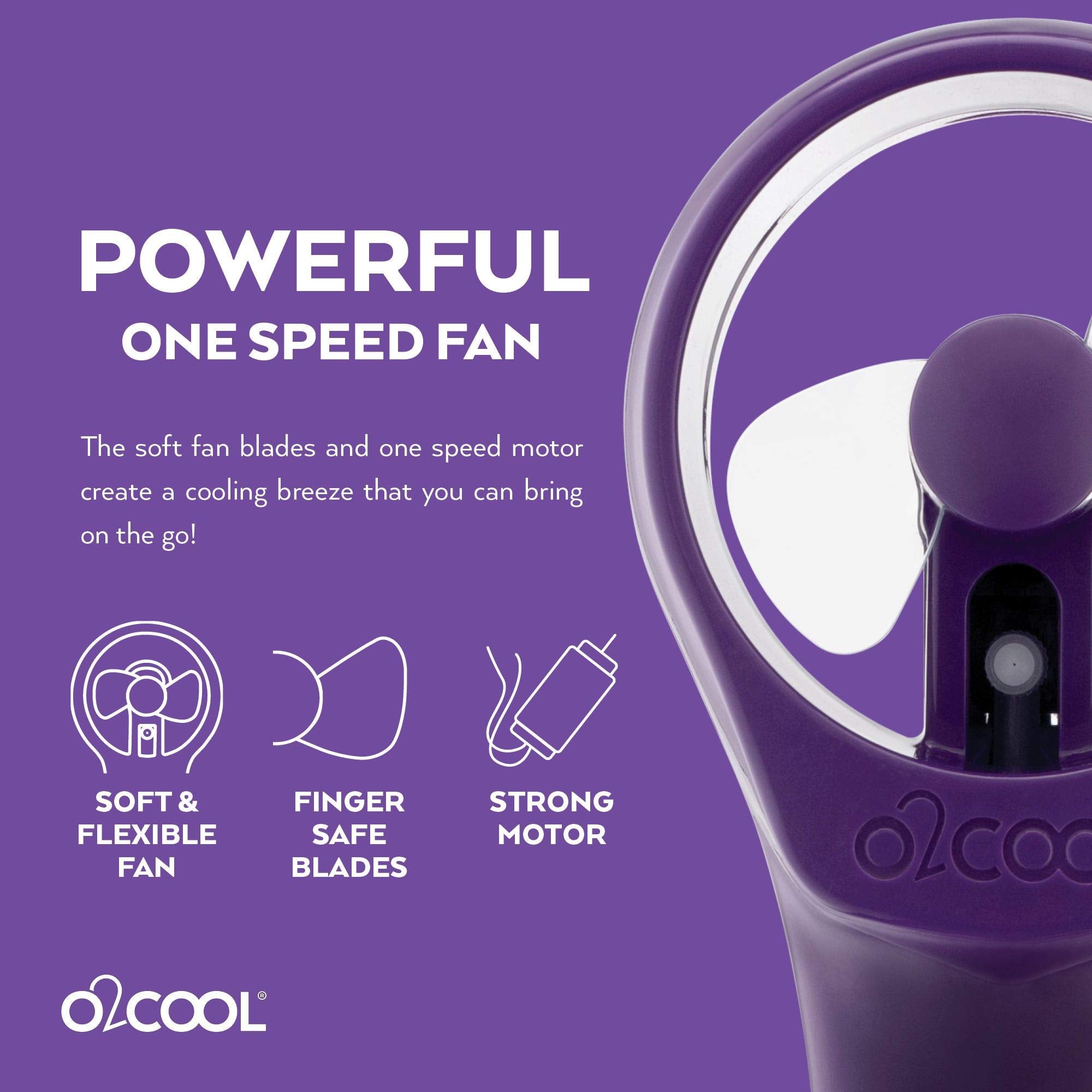 O2COOL Elite misting fan purple in outdoor beach setting.