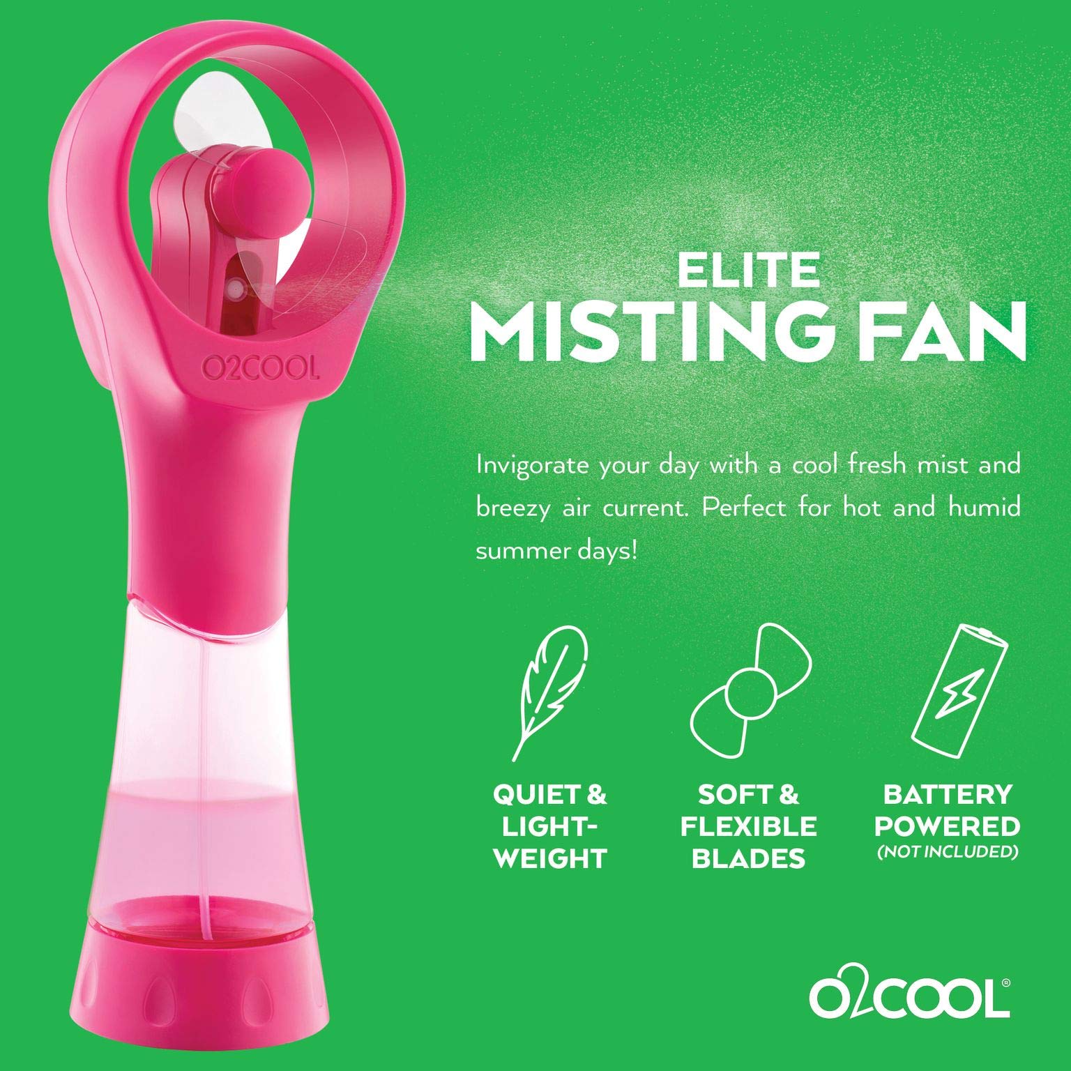 O2COOL Elite handheld misting fan Raspberry compact and travel-friendly design.