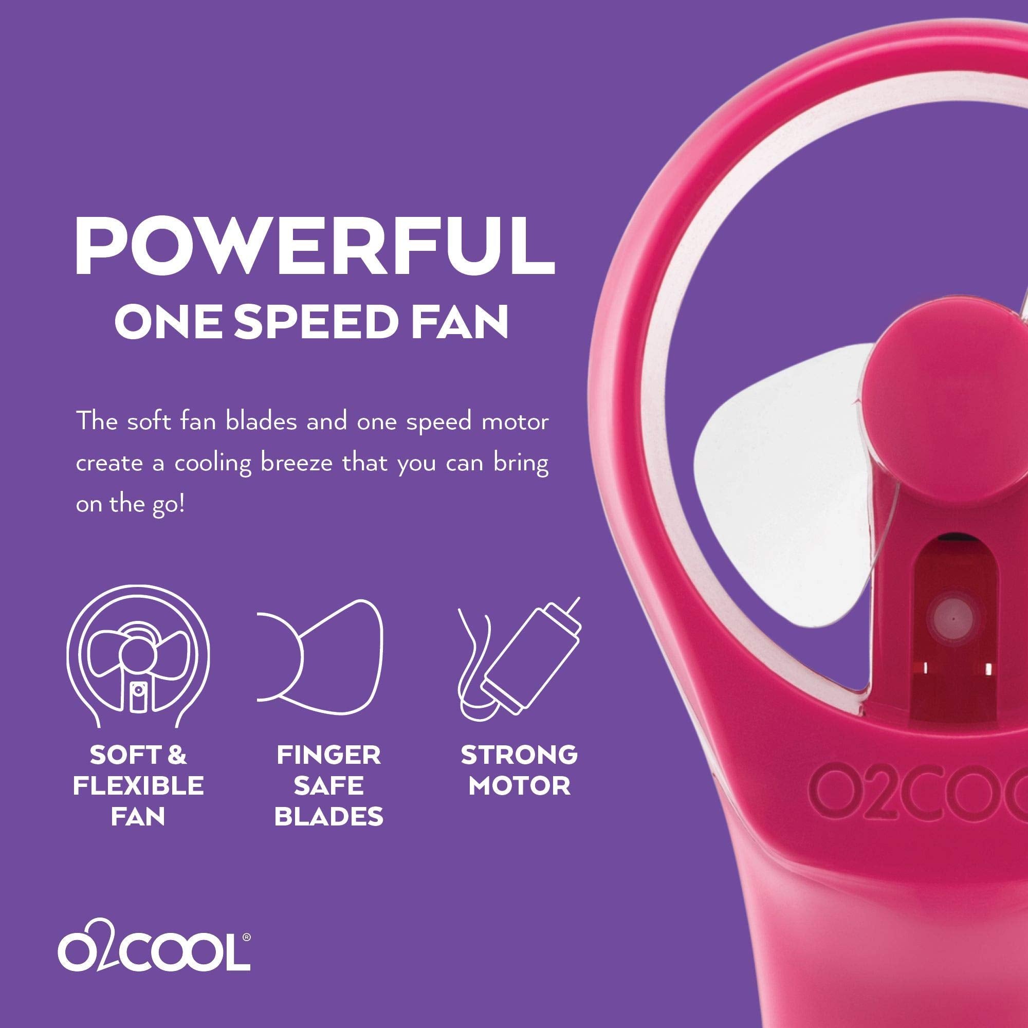 O2COOL Elite misting fan Raspberry close-up highlighting mist and airflow.