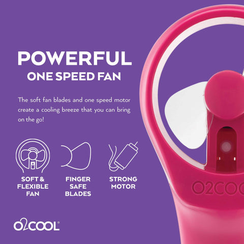 O2COOL Elite misting fan Raspberry close-up highlighting mist and airflow.