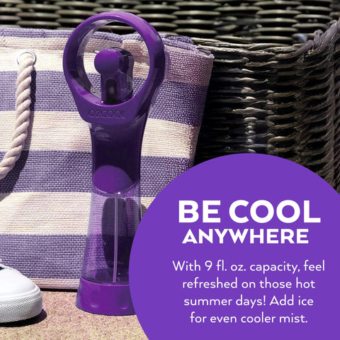 O2COOL Elite Misting Fan Purple close-up logo and vibrant color