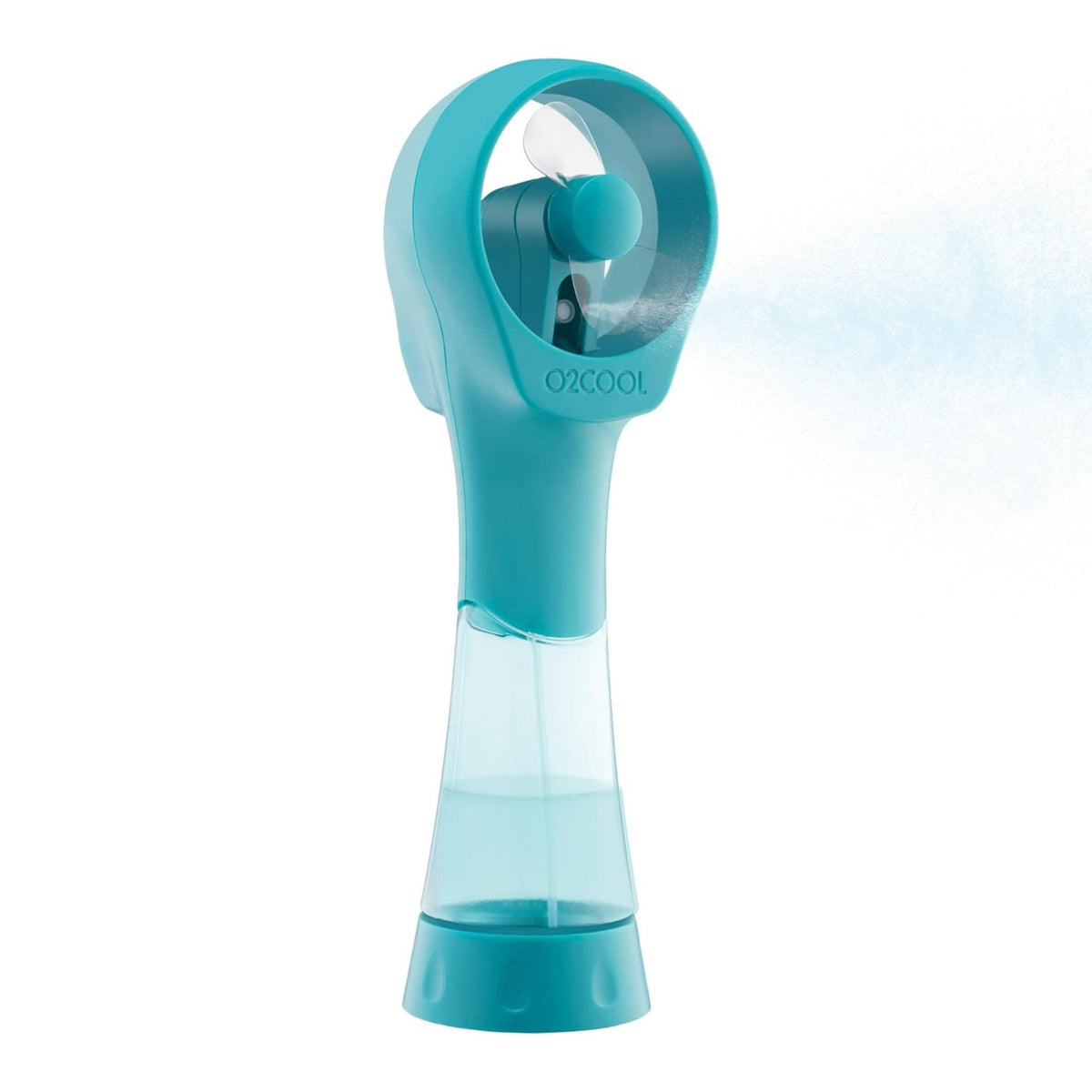 O2COOL Elite teal misting fan front view shows compact cooling device