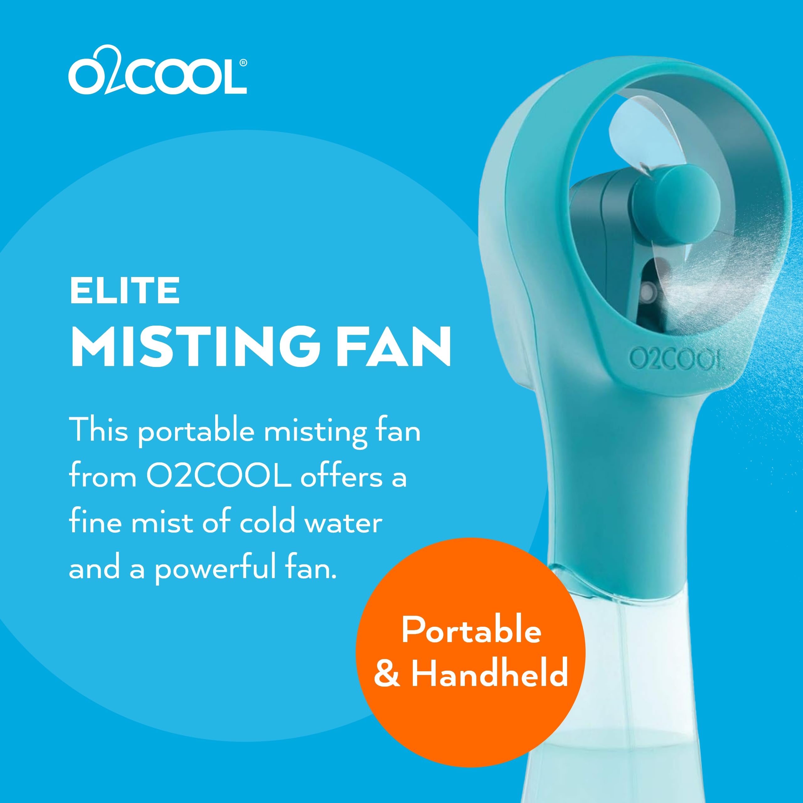 O2COOL Elite teal handheld misting fan in use for personal cooling