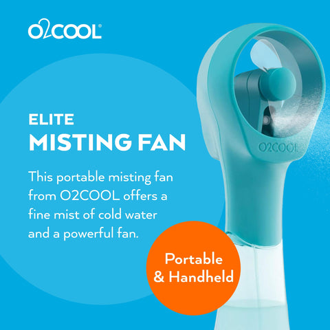 O2COOL Elite teal handheld misting fan in use for personal cooling