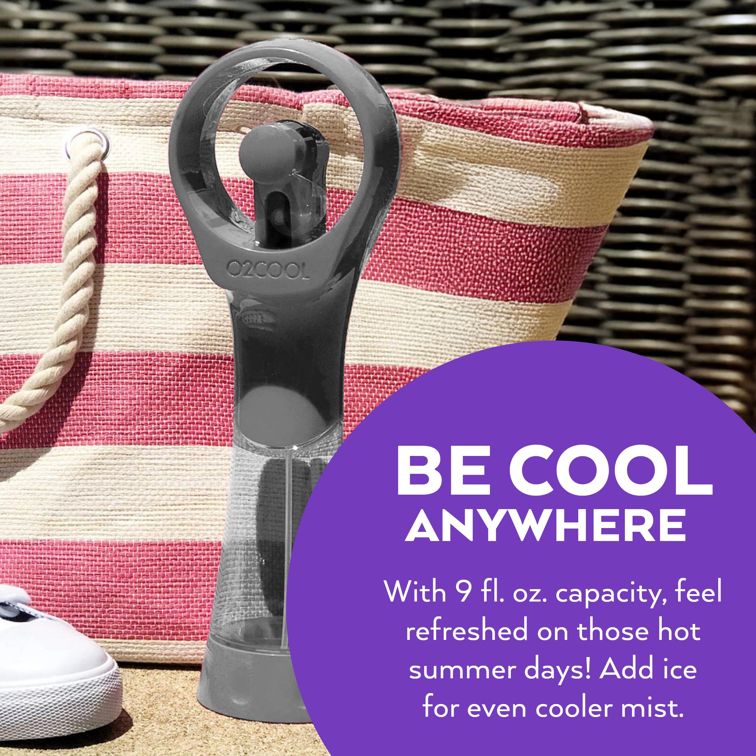 O2COOL Elite misting fan grey in use at the beach