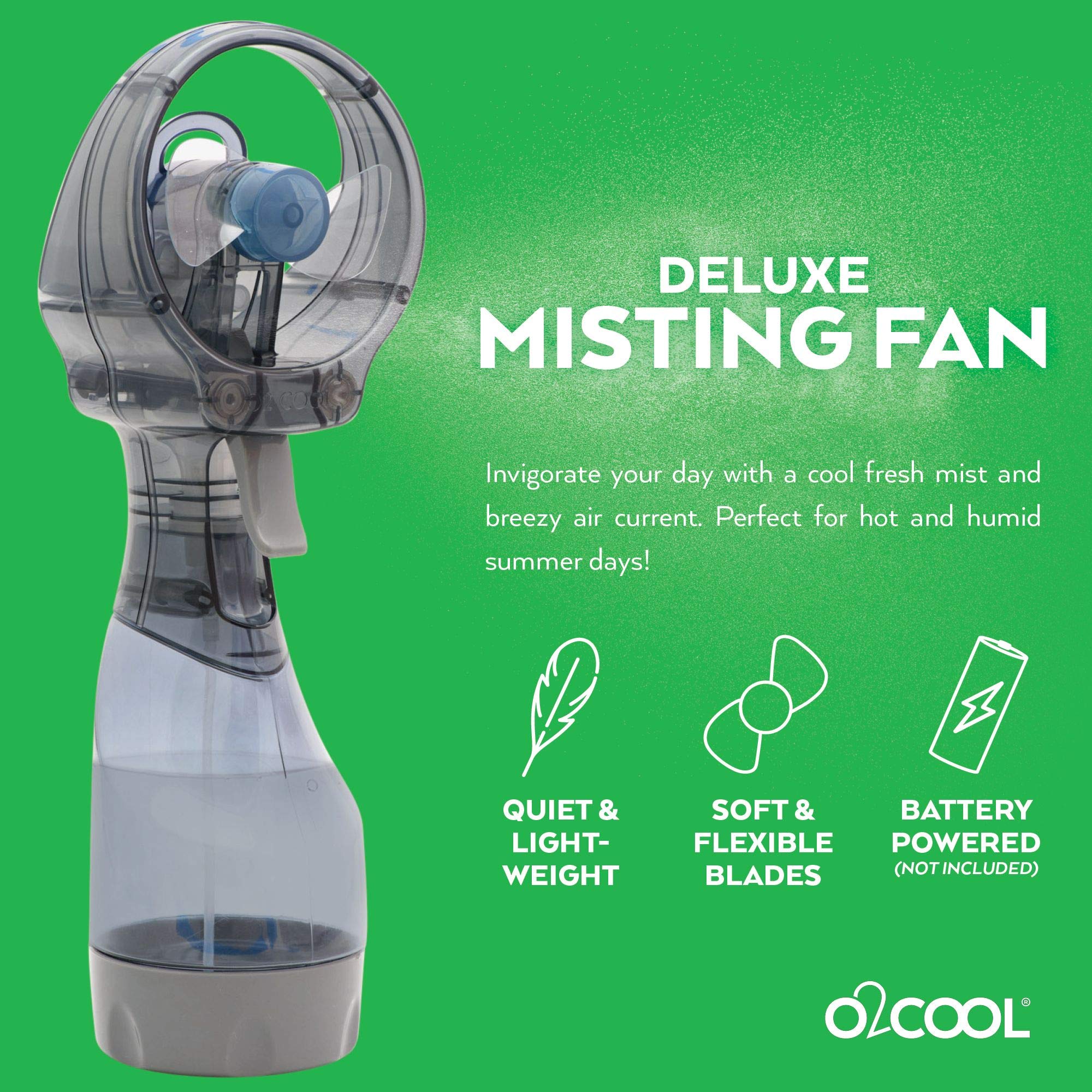 Water mist spray detail showing ice-friendly cooling on hot days with O2COOL.