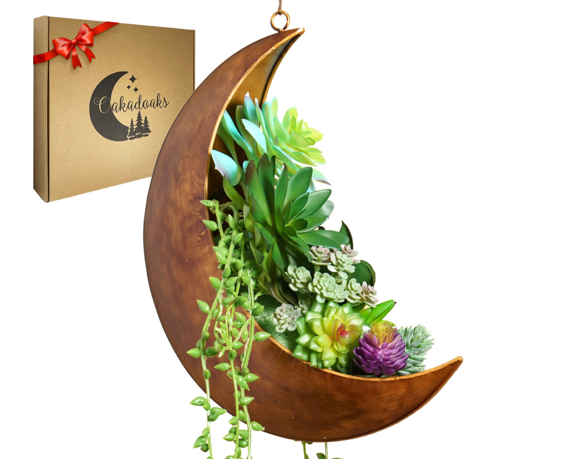 Oakadoaks Hanging Moon Planter closeup with rustic brushed finish for moon room decor