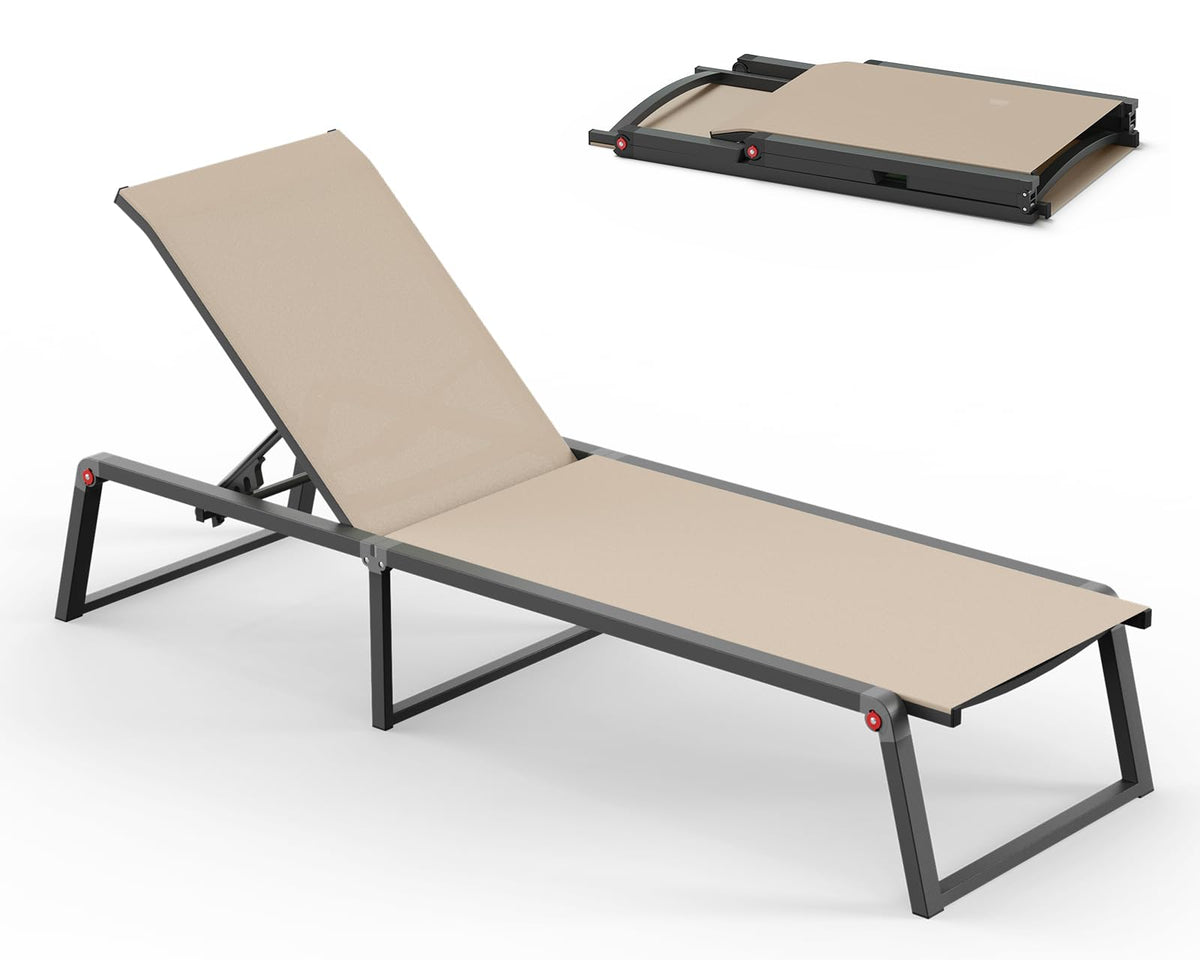 Oasbira aluminum chaise with foldable-design for easy transport.